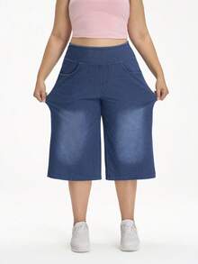 Flexra Quần jean denim dáng casual đường phố, cạp chun co giãn dành cho nữ cỡ lớn, mùa hè. - Rửa tối - Xem 3