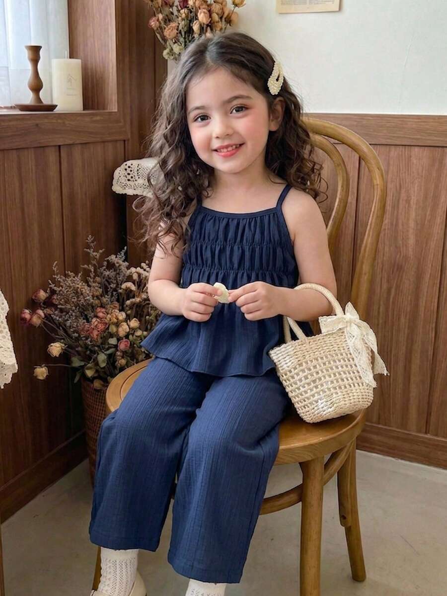 Vintaside Kids 2pcs/Set Young Girls' Floral Print Sleeveless Top And Matching Pants, Fitted Style Suitable For Outings, Casual, Sports, Parties - Navy Blue - View 1