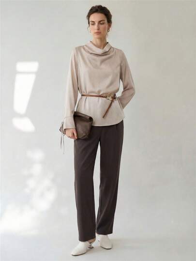  Uhlyne 女士缎面丝绸长款不对称口袋褶皱休闲裤，简约优雅百搭通勤风格，深咖啡棕色，秋季，极简主义，工作服，教师装，返校，秋季，中性服装，商务休闲，老钱风格美拉德风格