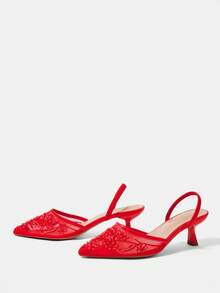 CUCCOO HITCHD Chaussures pour femmes quatre saisons avec broderie de perles, éléments en maille, bout pointu, talon fin, talon haut, élégantes, tempérament, mode, sexy, sandales à bride arrière, sandales à talon haut pour dames, talon exposé, élégantes, tempérament, mariage, après-midi, thé, fête, Saint-Valentin, demoiselles d'honneur, mariée, chaussures de mariage, port élégant - Rouge - Voir 3