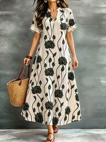 EMERY ROSE Robe longue d'été décontractée et ample à col V avec imprimé floral blanc et noir de lotus pour femmes, idéale pour la plage et les vacances - Multicolore - Voir 3