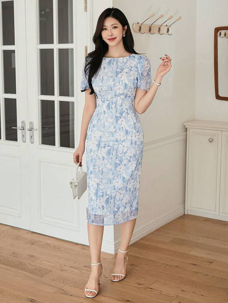 Women's Floral Print Short Sleeve Fitted Midi Dress