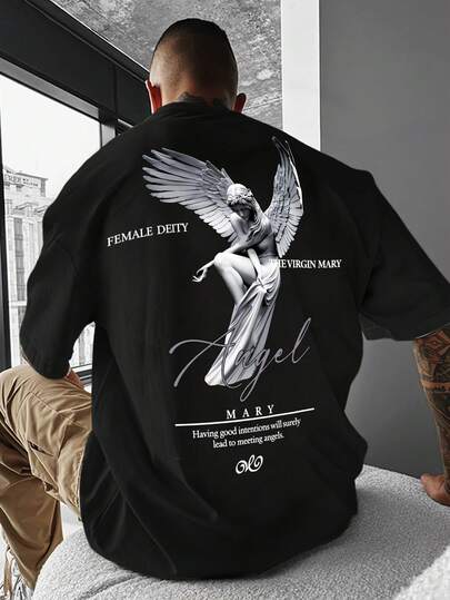 Manfinity Dauomo 加大码男士天使印花圆领休闲宽松T恤