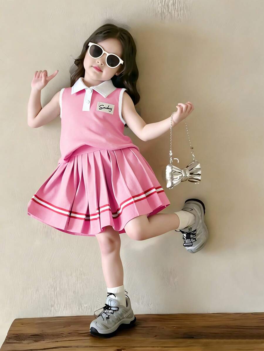 Elladie kids 两件套女童校服套装，包括一件无袖针织T恤上衣和一条百褶迷你裙，适合上学、旅行、户外活动、演出和日常穿着。 - 粉色 - 查看 1