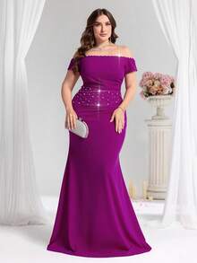 Coutiva Plus Size Women's Off Shoulder Pearl Accent Fitted Mermaid Formal Evening Dress, Party Dress, Gown, For Wedding Guest - Hot Pink - View 4