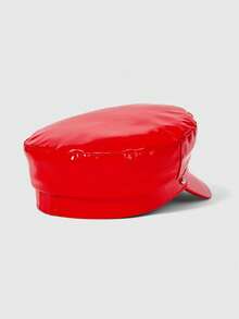 ROMWE Grunge Punk 1pc Women's Black & Red Shiny Leather Waterproof Rivet Punk Style Flat Top Newsboy Cap, Suitable For Parties, Performances, Shopping, And Photo Shoots - Solid Color - View 3