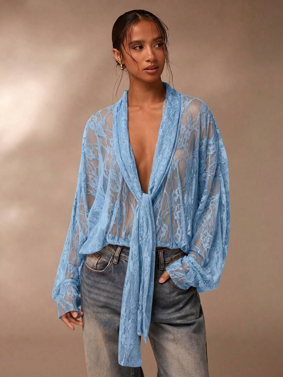 SHEIN Glamour Áo kiểu ren xuyên thấu, áo sơ mi ren màu nâu dành cho nữ - Màu xanh lam - Xem 1