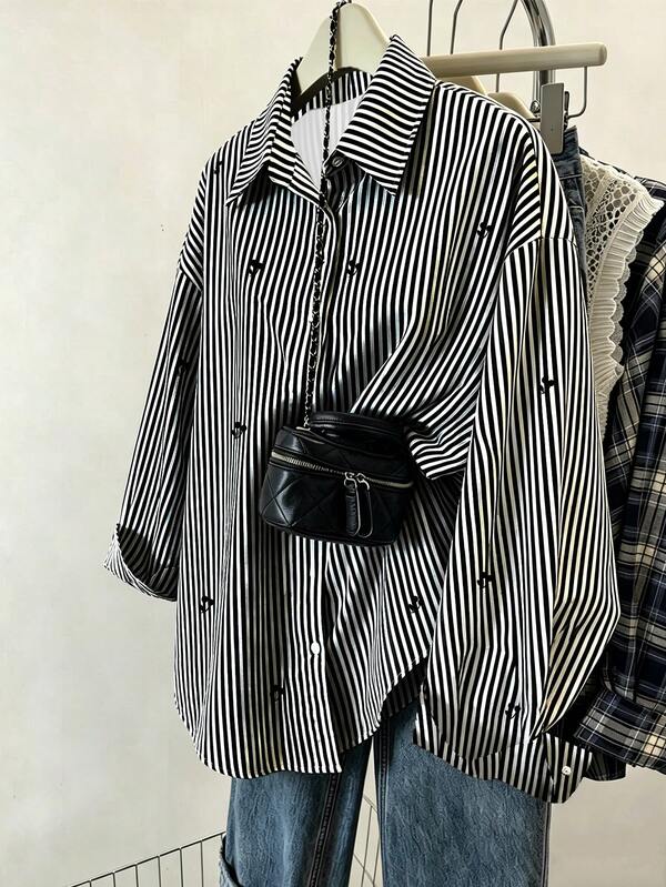 Resyla Women's Top,Cherry Stripe Full Print Pattern, Fresh And Light Design, Ins Style Shirt,Women Blouses Loose Long-Sleeved Casual Two-Wear Women's Shirt, Best Friend And Girlfriend Gift, Funny Gift Shirt, New Autumn And Winter Women's Top,Autumn/Winter Graduation,Back To Schools,Graduation,Teachers For Women,Back To School Fall,New Year Gifts, Christmas Gifts