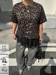 Muchica 大码女式豹纹蕾丝拼接休闲百搭日常短袖T恤 - 彩色 - 查看 3