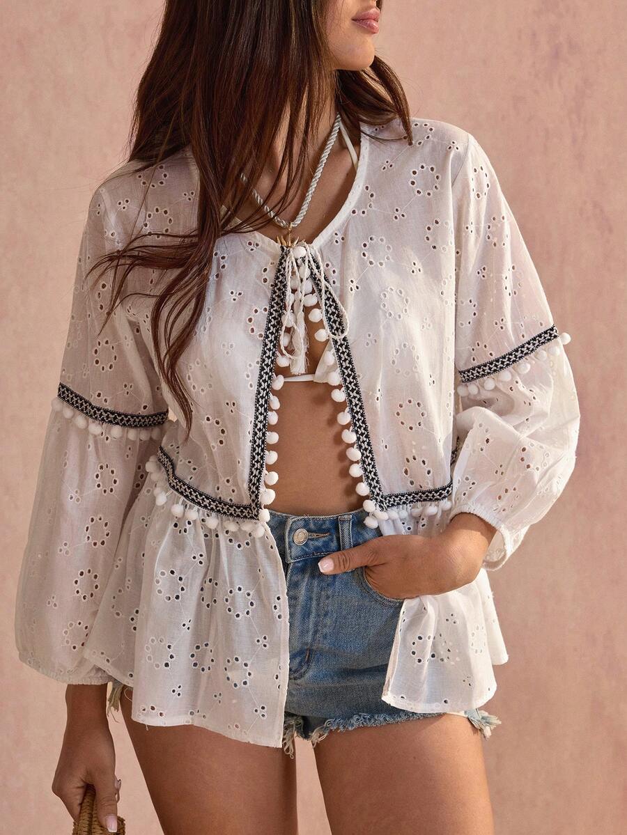 Women Eyelet Embroidery Detailed Front Tie Boho Blouse - White - View 1