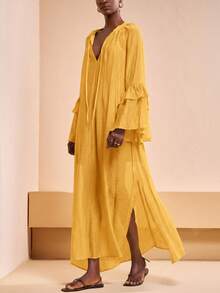 Zivah Đầm maxi casual đa năng, mẫu mới về mùa Xuân/Hè 2026, phù hợp cho Ngày Valentine, Lễ hội âm nhạc, Lễ Phục sinh, phong cách miền Tây, Boho, Nashville, tiệc tùng, đám cưới, hẹn hò, tụ họp, sinh nhật, phong cách sinh viên, mặc hàng ngày, kỳ nghỉ, du thuyền, bãi biển, tắm nắng, hợp thời trang, thanh lịch, đi làm, công sở, cổ tròn, cổ chữ V, buộc dây phía trước, dáng chữ H rộng, xẻ tà bên, có lớp lót, vải sọc dọc nhăn màu nâu, đầm maxi casual nữ, đầm maxi màu nâu, đầm đi nghỉ mát - Màu vàng ngỗng - Xem 3
