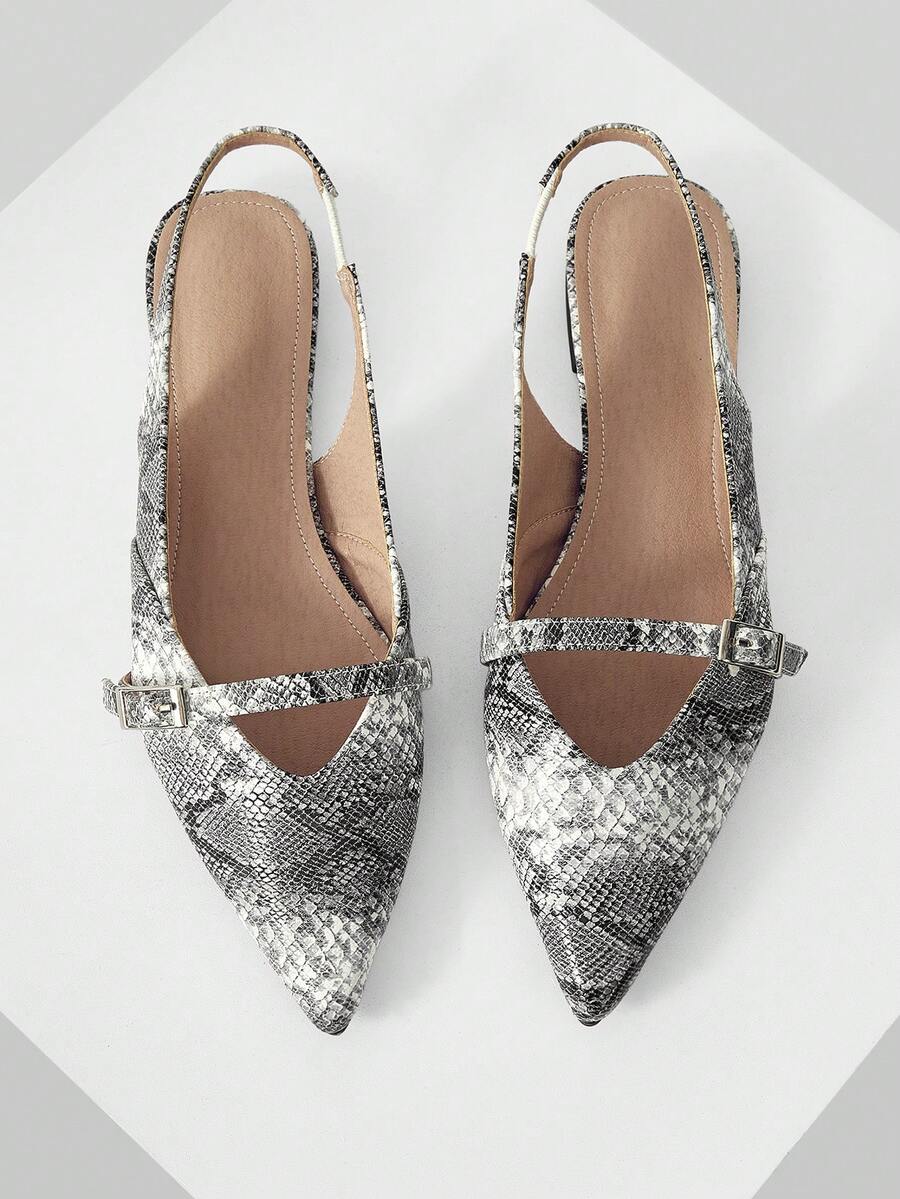 Mnmlis Ladies Commuter Fashion Metal Buckle Animal Pattern Snake Pattern Comfortable Soft Bottom Pointed Flat Bottom Shoes - Dark Grey - View 1