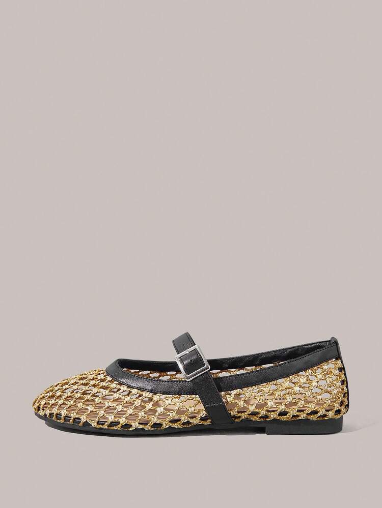 Styleloop Women's Shoes Women's Flat Shoes, Holiday Style, Wear, Women's Weaving Details, Fashionable Hollow, One-Word Buckle Design, Shallow Mouth Round Head, Comfortable, Suitable For Going Out, Christmas Holiday Travel Must, Holiday Atmosphere, Summer Wear, Travel Must - Graphite Black - View 5