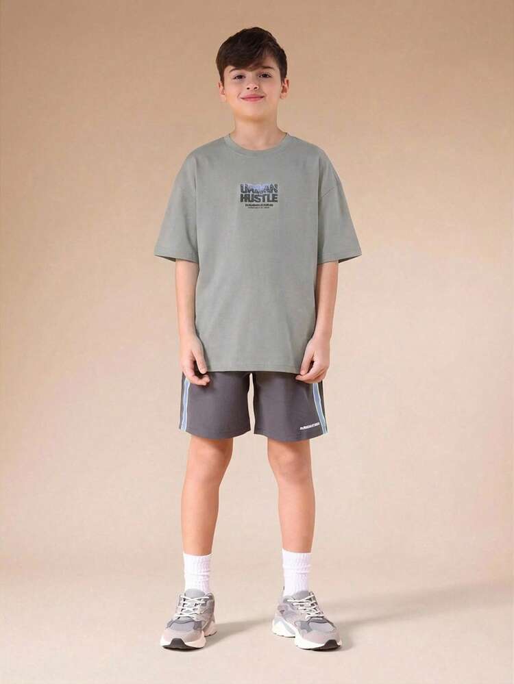 Ensemble coordonné deux pièces pour garçons pré-adolescents, t-shirt oversize avec short assorti, streetwear décontracté pour l'été