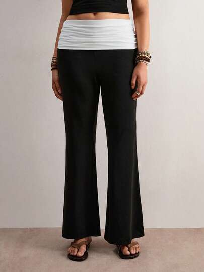 Freevana Plus Size Women's Casual Contrast Color Fold-Over Waist Flare Pants Black And White Pants Fold Over Pants Maternity Pants Flared Leggings Maternity Clothes