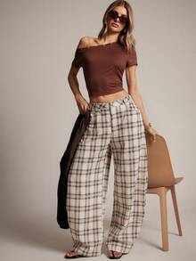 SHEIN Haute New Arrival Retro Plaid Loose Casual Pants For Women - Apricot - View 3