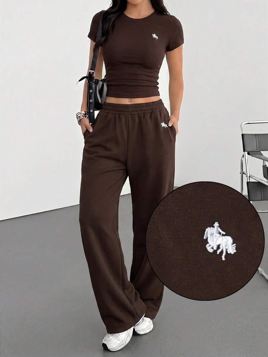 Muchica Women's Summer Spurs Embroidery Tight Fitting Short Sleeve T-Shirt And Pants 2 Pieces Homewear Set - Chocolate Brown - View 1