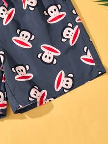 Paul Frank X SHEIN Quần short đi biển cạp rút họa tiết khỉ dành cho nam, mùa hè, phong cách Hawaii - Màu xám đen - Xem 5