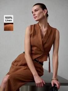 MOTF PREMIUM WOMEN'S PURE LINEN SHAWL NECK FITTED TIE WAIST SLEEVELESS BLAZER VEST, SPRING/SUMMER - Coffee Brown - View 2