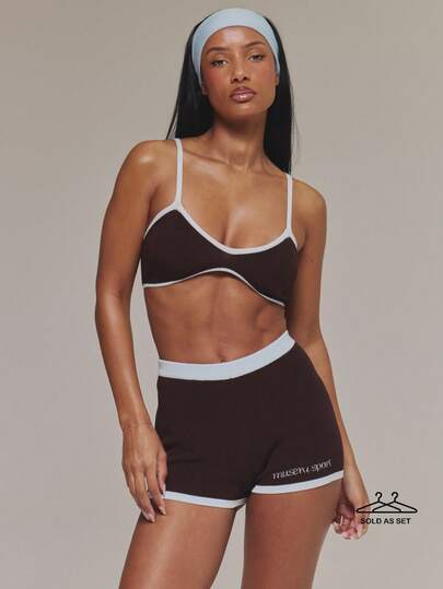 Musera Sport Contrast Knitted Bralette Top And High Waist Logo Active Shorts Set Sports Workout Gym Pilates Fitness Daily Casual Aqua