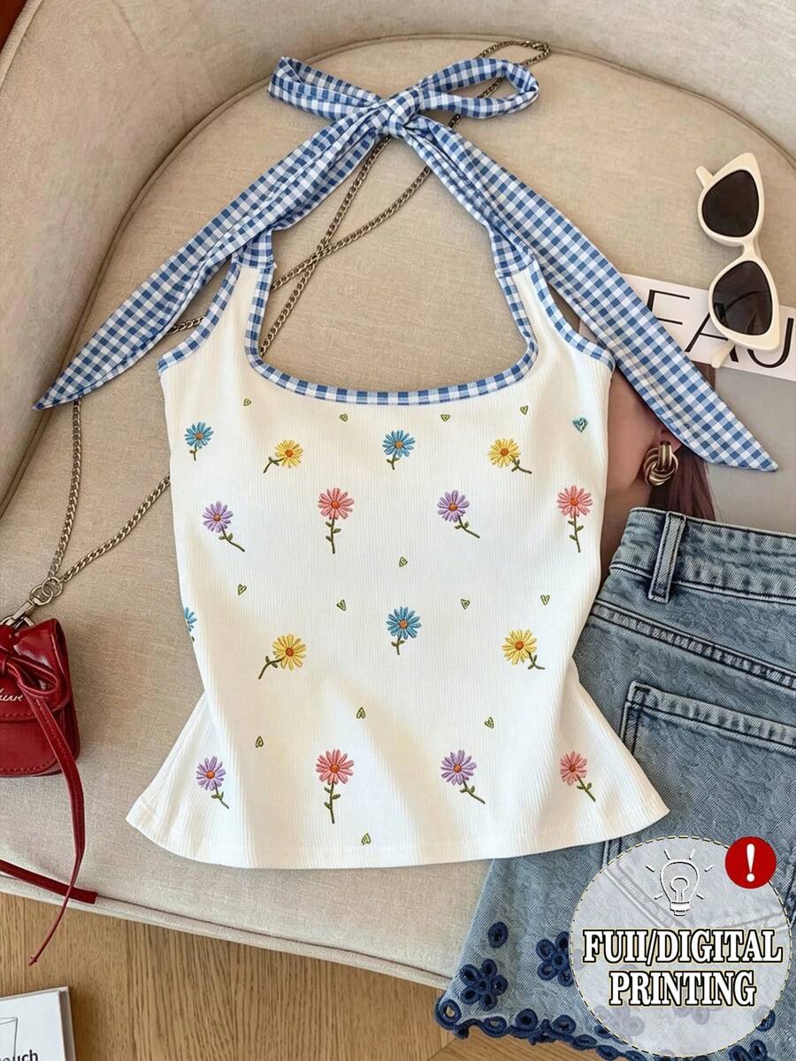 Resyla Atasan Wanita Kasual Motif Kotak-kotak Patchwork Bunga Bordir Serbaguna untuk Pemakaian Sehari-hari - MultiWarna - View 1