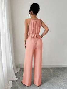 Elenzga 女式休闲卡其色褶皱面料吊带串珠设计腰部纽扣系带长款连体裤，春夏 - 藕粉色 - 查看 2