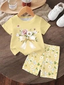2pcs/Set Young Girl Casual Floral Daisy & Bow Print Short Sleeve T-Shirt And Minimalist Print Shorts Set, Suitable For Summer Outings - Multicolor - View 3