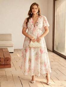 Roveilla Vestido de malla con estampado floral, cuello con volantes, cintura ceñida y mangas abullonadas, corte evasé, talla grande, para primavera/verano - Albaricoque - View 1