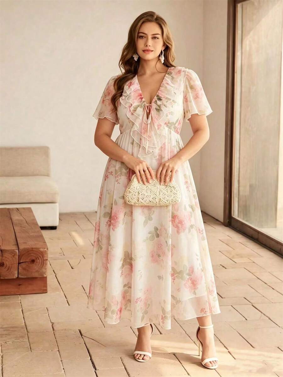 Roveilla Vestido de malla con estampado floral, cuello con volantes, cintura ceñida y mangas abullonadas, corte evasé, talla grande, para primavera/verano - Albaricoque - View 1