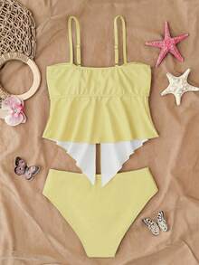 Tankinis de niñas adolescentes con tirantes de espagueti, decoración de estrella de mar de metal, conjunto de bikini con base rosa y gran estampado floral, traje de baño de playa, trajes de baño de primavera/verano para niñas adolescentes. Traje de baño de una pieza con lazo para niñas, traje de baño para niñas, trajes de baño para niñas, trajes de baño florales de verano para vacaciones, traje de baño con flores - Amarillo - Ver 2