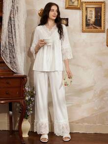 Côtesoire Bộ đồ ngủ nữ ren thanh lịch kiểu Pháp lãng mạn - trắng - Xem 5
