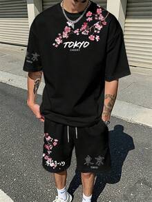 Manfinity EMRG Conjunto de camiseta y pantalones cortos con estampado de flores de cerezo, estilo vintage de calle para hombres - Multicolor - Ver 1