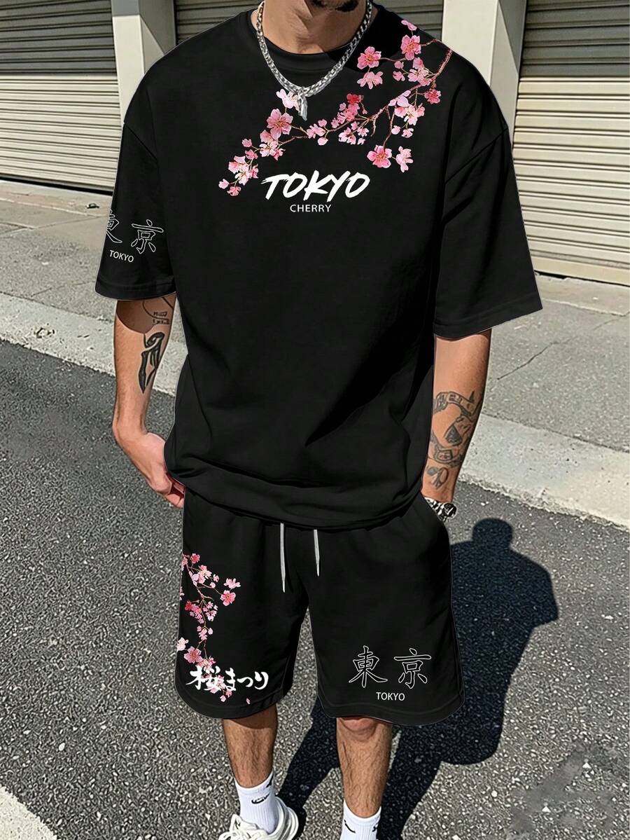 Manfinity EMRG Conjunto de camiseta y pantalones cortos con estampado de flores de cerezo, estilo vintage de calle para hombres - Multicolor - Ver 1