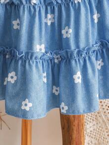 Vintaside Kids Young Girls' Classic Blue Floral Print Ruffled 3-Layer Casual Dress, Suitable For Daily, Party, Vacation, Countryside Style Fashion - Blue - View 10