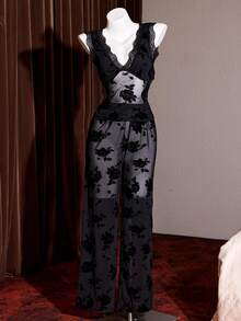 Slumberist 薄纱植绒浪漫性感玫瑰花深V露背无袖上衣和裤子女士睡衣套装 - 黑色 - 查看 7