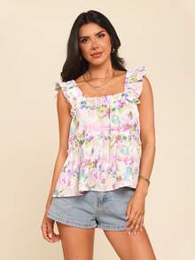Coeurva Women's Elegant Boho White Floral Print Sleeveless Top,Comfortable Square Neck Summer Blouse,Cute Girly Tops For Holiday Vacation,Daily Casual Wear - Purple - View 8