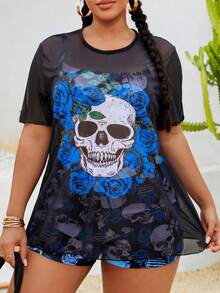 Slaydiva Plus Size Punk Skull Rose 3-Piece Bikini Set - Royal Blue - View 3