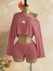 Soleia Women's Striped Asymmetrical Shoulder Long Sleeve Cropped T-Shirt And Shorts 2-Piece Set - Red - View 3