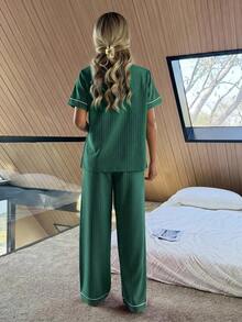 Napfluff Contrast Trim Lapel Cardigan Women Pajama Set - Green - View 2