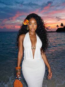 Slaydiva Summer Beach Vacation Metal Decor Spaghetti Strap Top And Long Skirt, Chiffon White 2 Pieces Set For Women - White - View 4