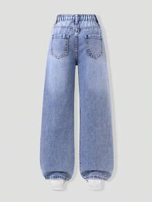 Tween Girls Summer New Light Blue Washed Heavy Ripped Bow Decorated Denim Long Pants Loose Straight Leg Sweet Cool Style Versatile Chic Summer Thin Bow Ripped Denim Pants Pink Dimensional Bowknot - Light Wash - View 3