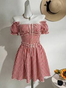 Glamine Charm Gingham Off Shoulder Mini Dress Cottagecore Picnic Dress Coquette Ribbon A-Line Dress Summer Vintage Casual Dress Classic Gingham Check Print Off Shoulder Bardot Neckline Flare A-Line Skater Hem Outdoor Garden Picnic Casual Daily Outing Romantic Date Appointment Beach Holiday Trip Spring Festival Event Summer Sweet Feminine - Red and White - View 4