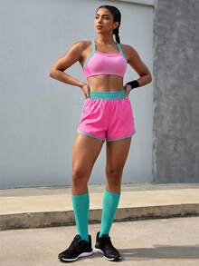 Powerista Women's Contrast Color Splice Halter Top And Shorts Sports Suit - Pink - View 5