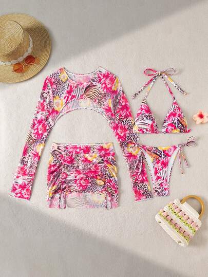 Bonvoyette Bộ bikini gợi cảm mùa hè dành cho nữ, họa tiết da báo, kiểu buộc dây cổ, gồm áo tay dài và váy lửng.