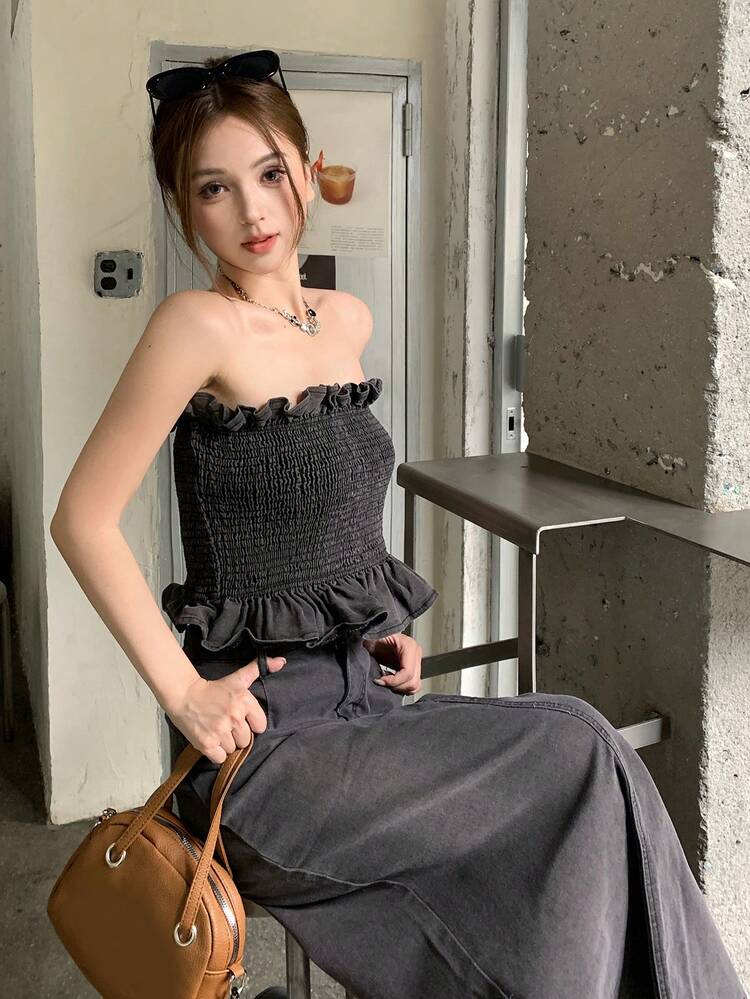 Women's Summer Casual Ruffle Bandeau Top And Denim Skirt Set