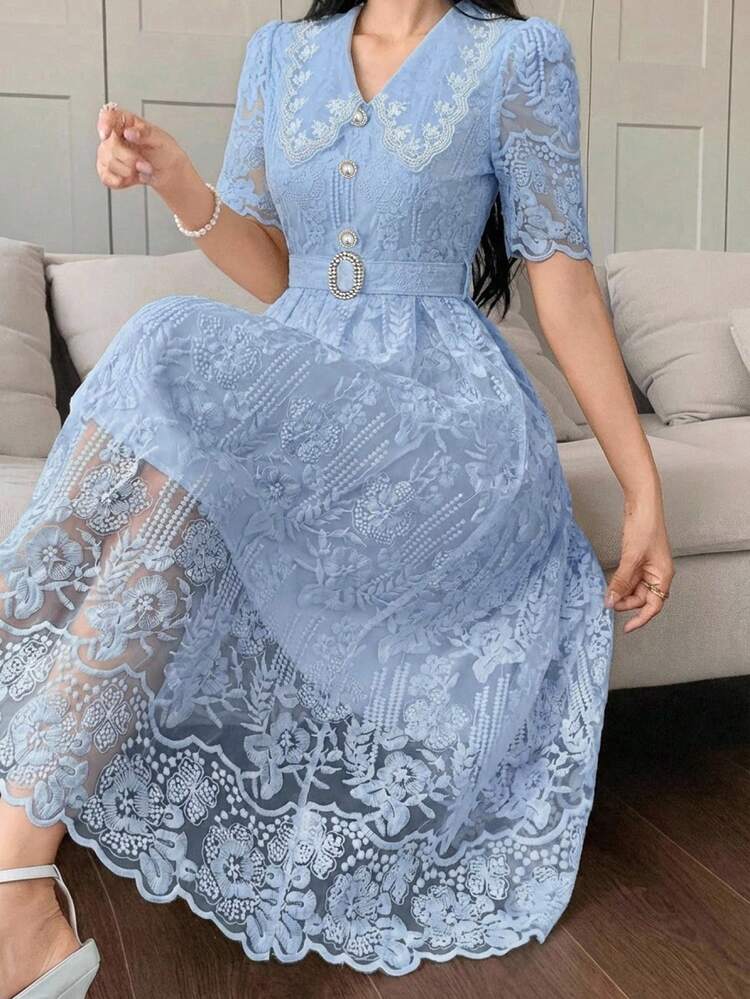 Women's Embroidered Mesh Short Sleeve Midi Dress