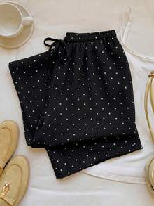 SHEIN EZwear 女士100%纯棉休闲度假风波点印花抽绳腰宽松阔腿裤 - 黑色 - 查看 8