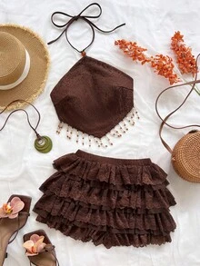 Soleia Women's Coffee Brown Summer Boho Beach Holiday Holiday 2-Piece Set,Elegant Halter Beaded Tassel Tie-Up Ruffle Lace Outfit For Vacation Wedding Guest - Brown - View 1