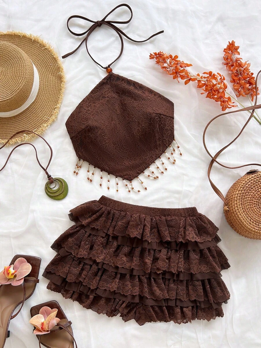 Soleia Women's Coffee Brown Summer Boho Beach Holiday Holiday 2-Piece Set,Elegant Halter Beaded Tassel Tie-Up Ruffle Lace Outfit For Vacation Wedding Guest - Brown - View 1