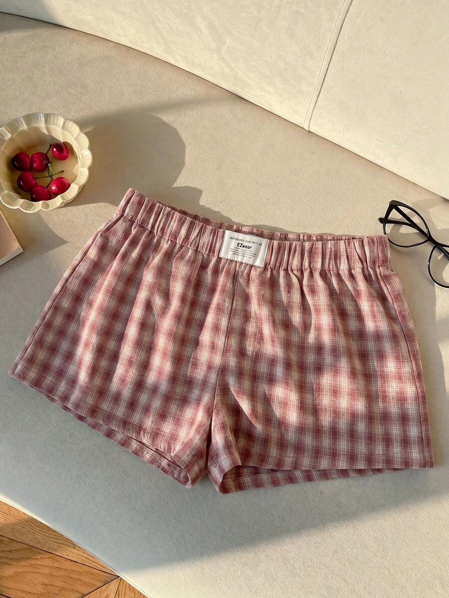 SHEIN EZwear 女士粉色格子梭织阔腿短裤 - 粉色 - 查看 1